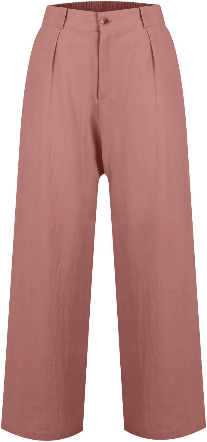 Wide Leg Linen Pants for Women Business Casual High Waisted Dress Pants Office Work Pants Straight Trousers w/Pockets