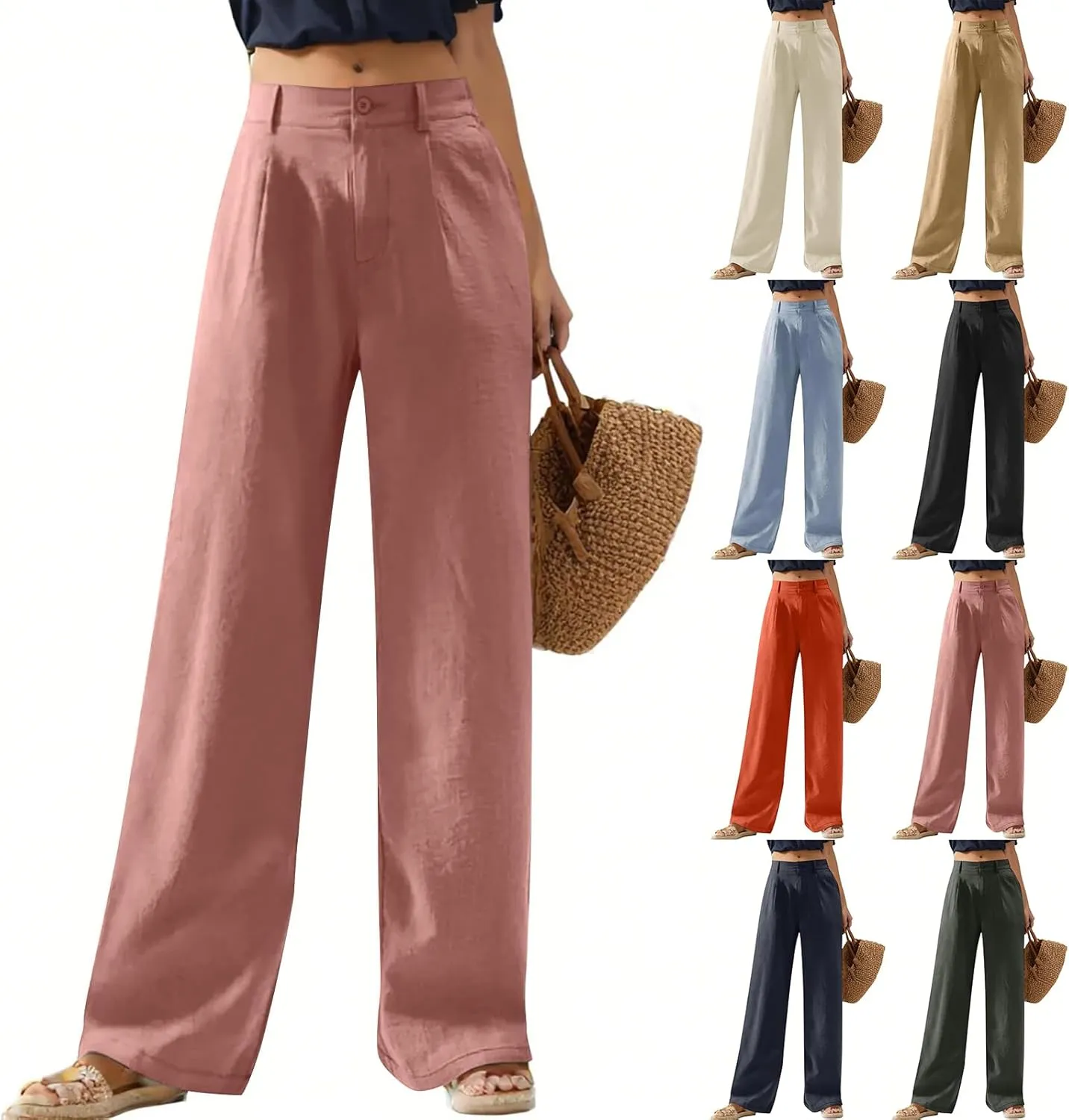 Wide Leg Linen Pants for Women Business Casual High Waisted Dress Pants Office Work Pants Straight Trousers w/Pockets