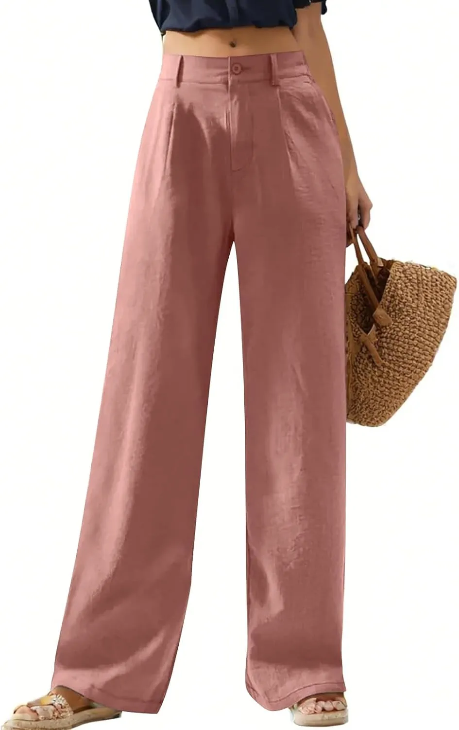Wide Leg Linen Pants for Women Business Casual High Waisted Dress Pants Office Work Pants Straight Trousers w/Pockets