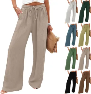 Wide Leg Linen Pants for Women Casual Elastic Waist Loose Fit Flowy Palazzo Pants Comfy Summer Beach Pant with Pockets