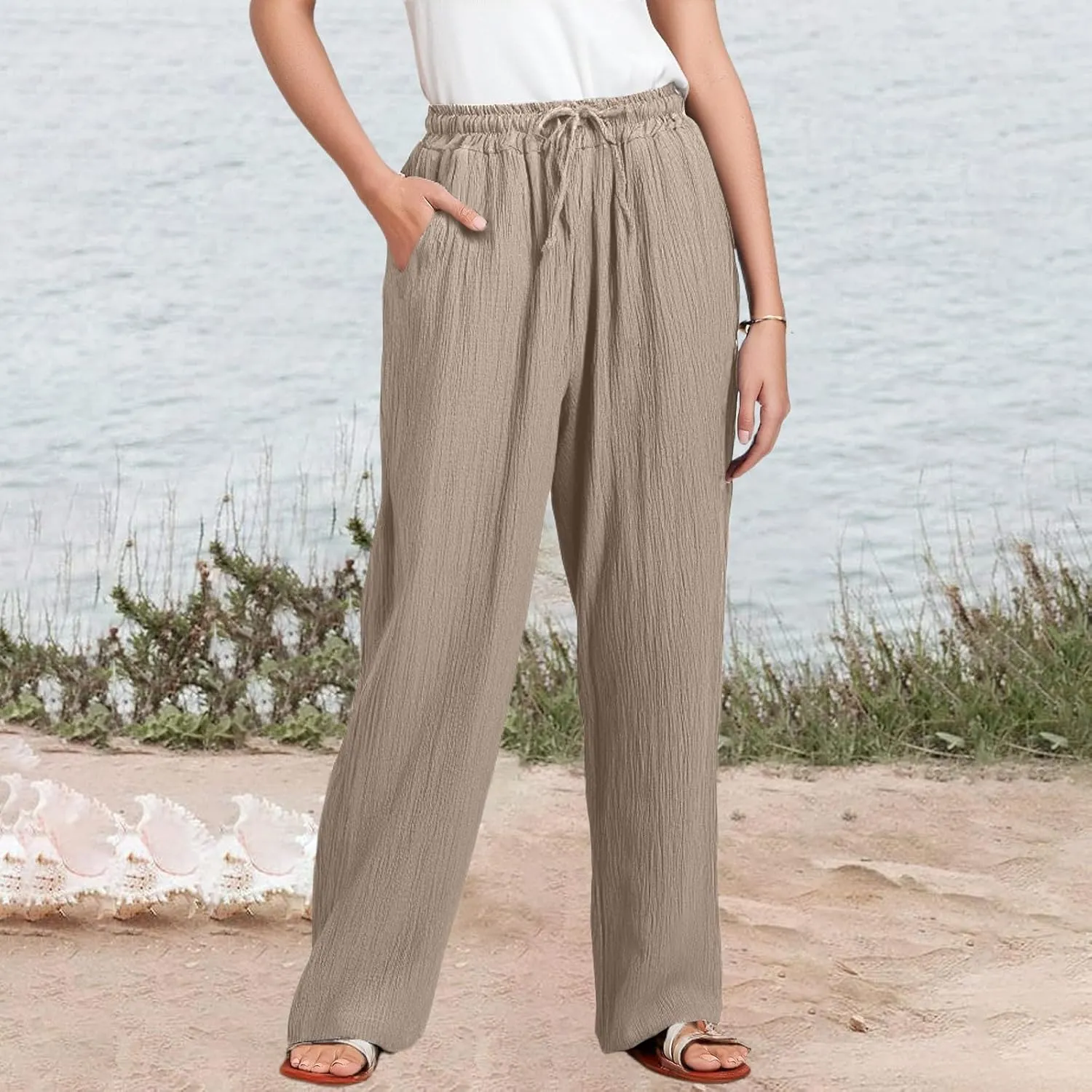 Wide Leg Linen Pants for Women Casual Elastic Waist Loose Fit Flowy Palazzo Pants Comfy Summer Beach Pant with Pockets