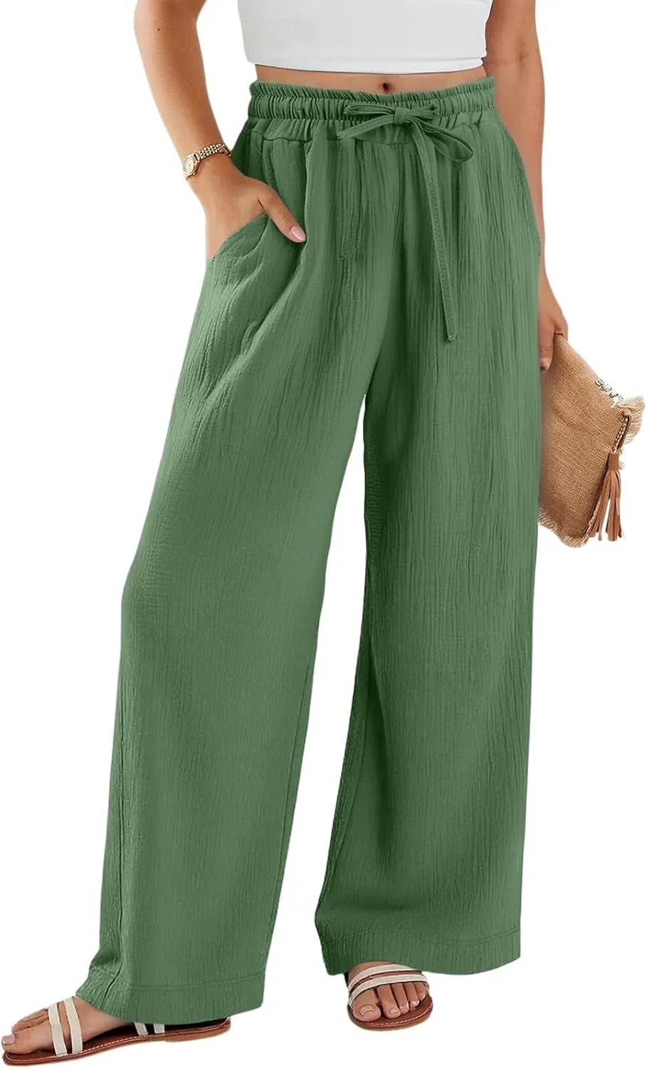 Wide Leg Linen Pants for Women Casual Elastic Waist Loose Fit Flowy Palazzo Pants Comfy Summer Beach Pant with Pockets