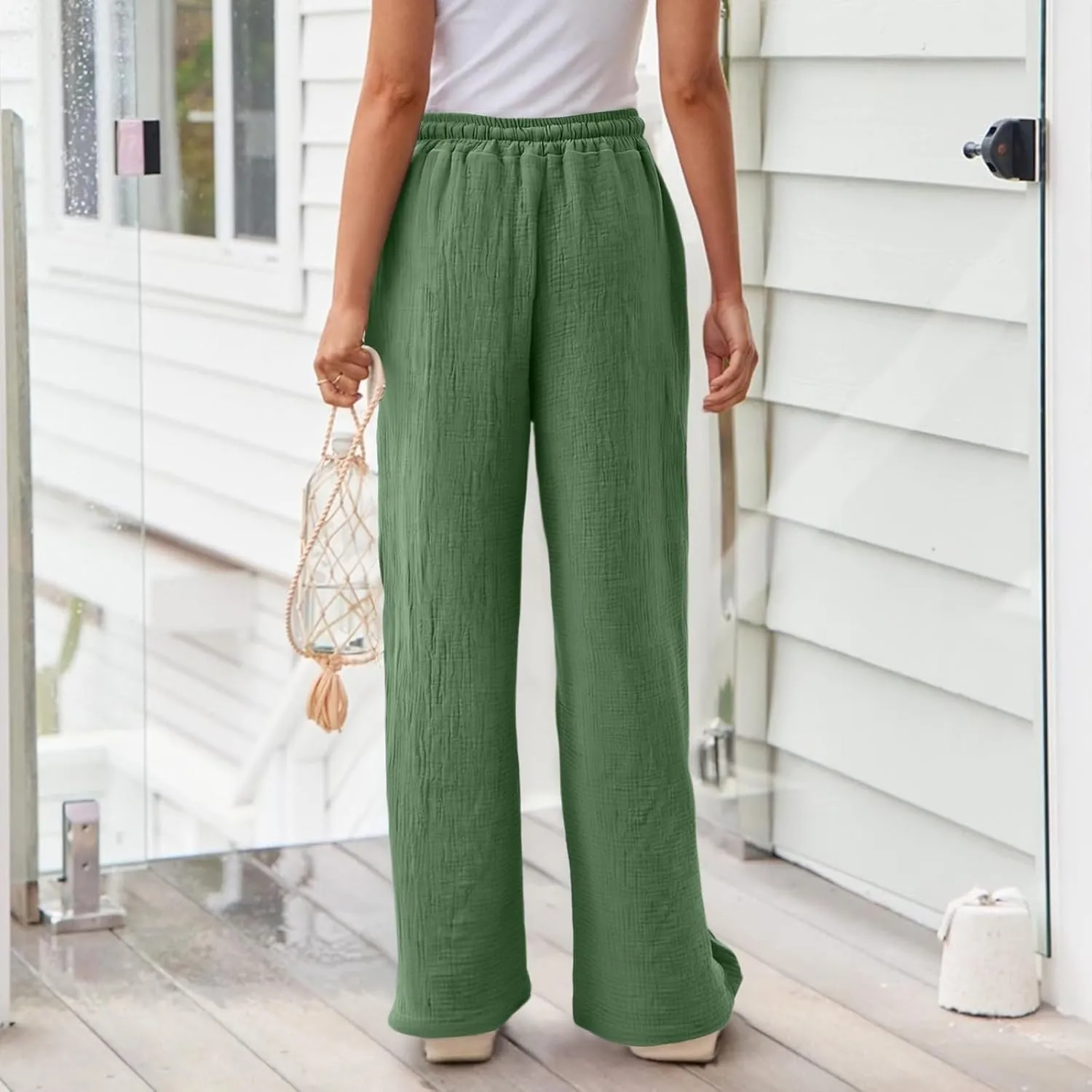 Wide Leg Linen Pants for Women Casual Elastic Waist Loose Fit Flowy Palazzo Pants Comfy Summer Beach Pant with Pockets