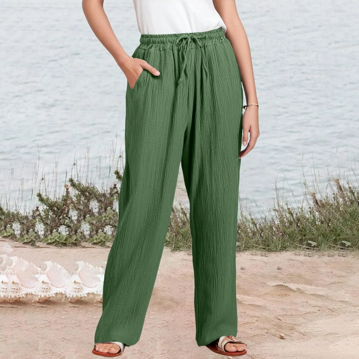 Wide Leg Linen Pants for Women Casual Elastic Waist Loose Fit Flowy Palazzo Pants Comfy Summer Beach Pant with Pockets