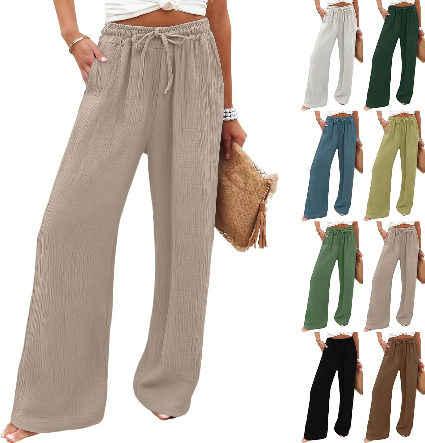 Wide Leg Linen Pants for Women Casual Elastic Waist Loose Fit Flowy Palazzo Pants Comfy Summer Beach Pant with Pockets