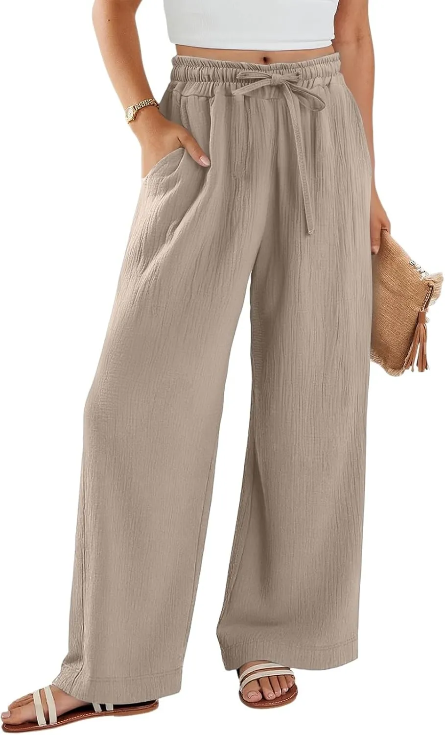 Wide Leg Linen Pants for Women Casual Elastic Waist Loose Fit Flowy Palazzo Pants Comfy Summer Beach Pant with Pockets