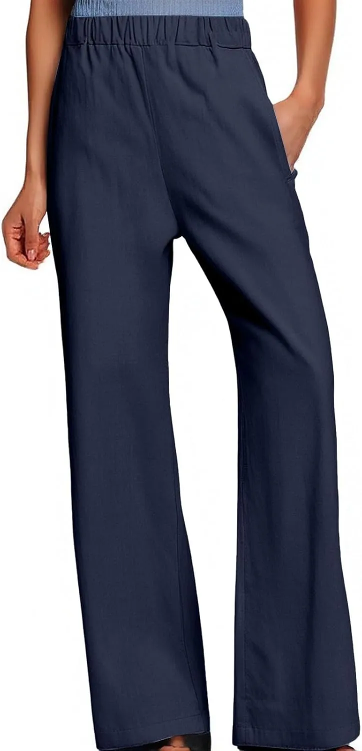 Wide Leg Linen Pants for Women Casual Summer Elastic High Waisted Palazzo Pants Flowy Cropped Trousers with Pockets