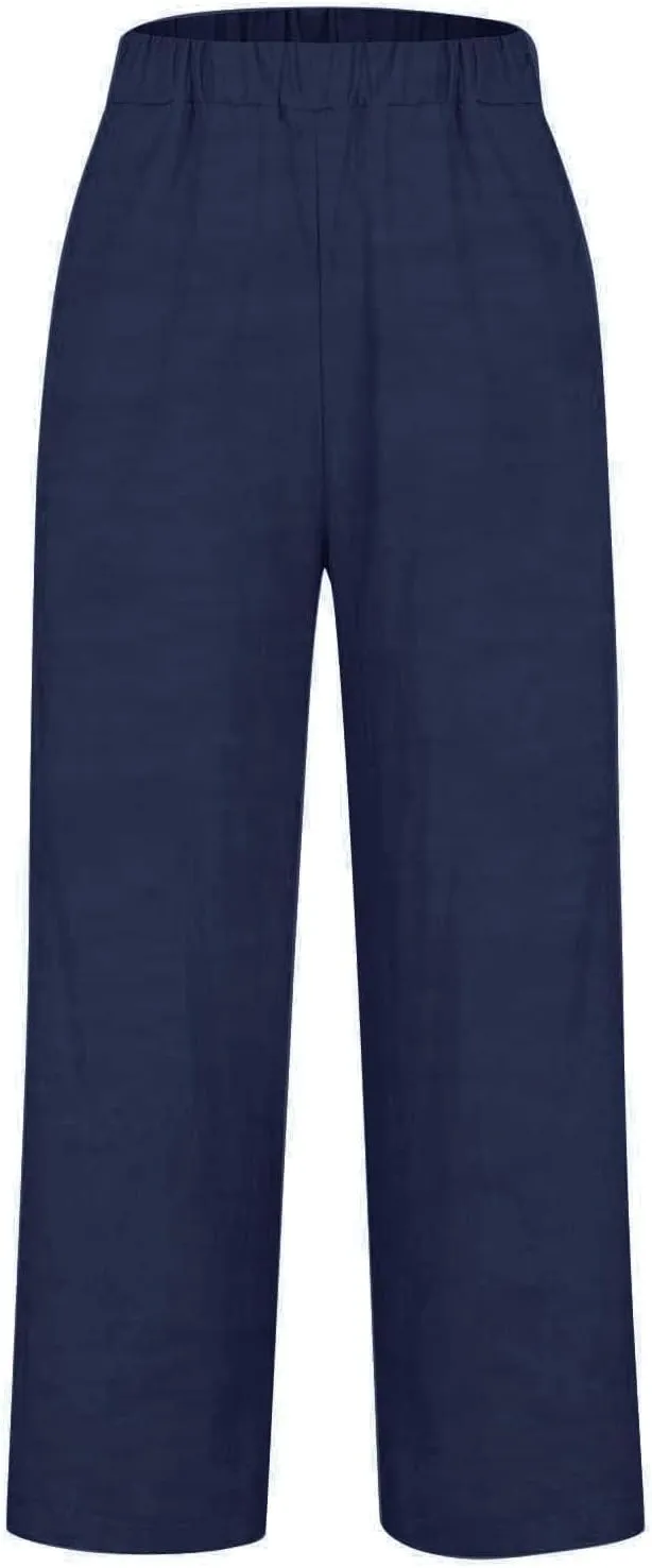 Wide Leg Linen Pants for Women Casual Summer Elastic High Waisted Palazzo Pants Flowy Cropped Trousers with Pockets
