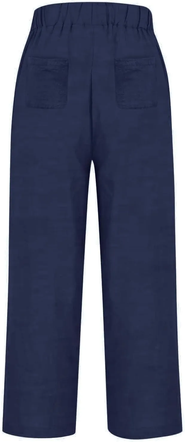 Wide Leg Linen Pants for Women Casual Summer Elastic High Waisted Palazzo Pants Flowy Cropped Trousers with Pockets