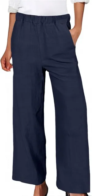Wide Leg Linen Pants for Women Casual Summer Elastic High Waisted Palazzo Pants Flowy Cropped Trousers with Pockets