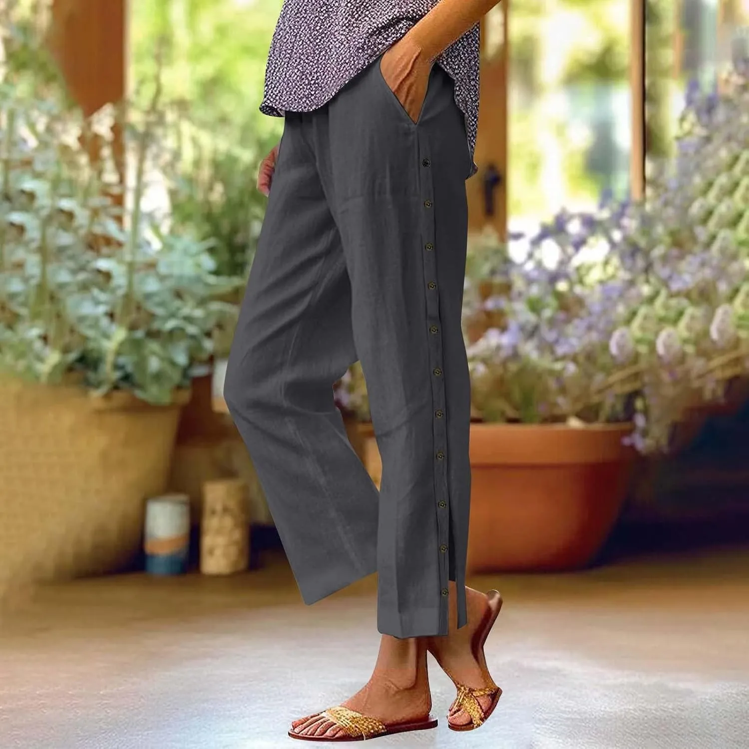 Wide Leg Linen Pants for Women Elastic Waist Capris with Pockets Lightweight Summer Vacation Pant Plus Size Trousers