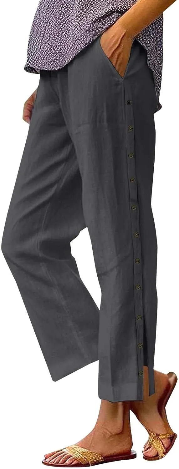 Wide Leg Linen Pants for Women Elastic Waist Capris with Pockets Lightweight Summer Vacation Pant Plus Size Trousers