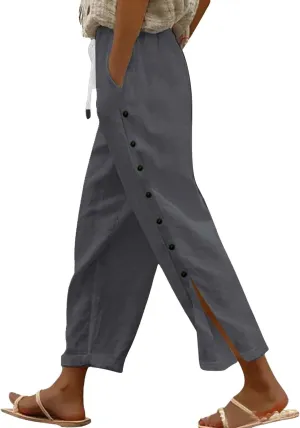 Wide Leg Linen Pants for Women Elastic Waist Capris with Pockets Lightweight Summer Vacation Pant Plus Size Trousers