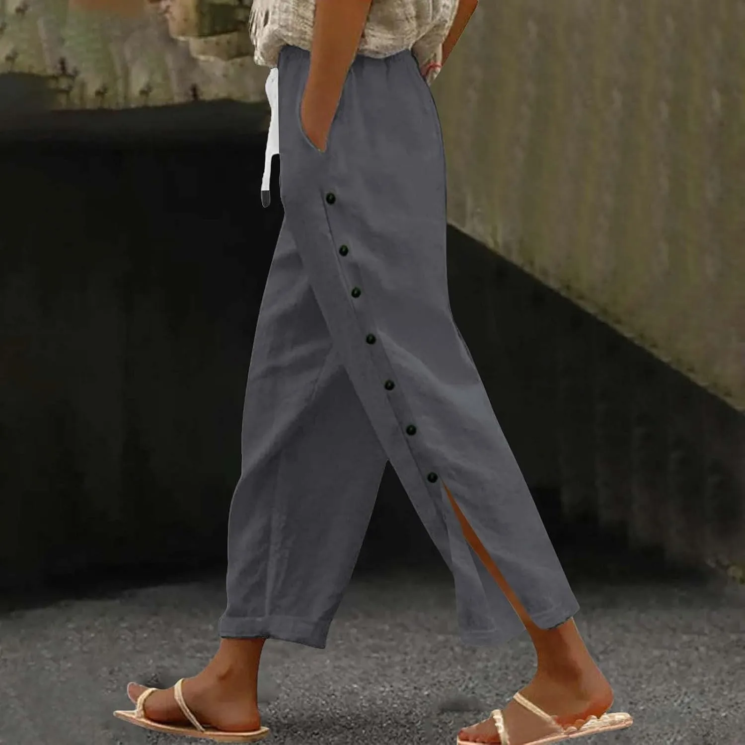 Wide Leg Linen Pants for Women Elastic Waist Capris with Pockets Lightweight Summer Vacation Pant Plus Size Trousers
