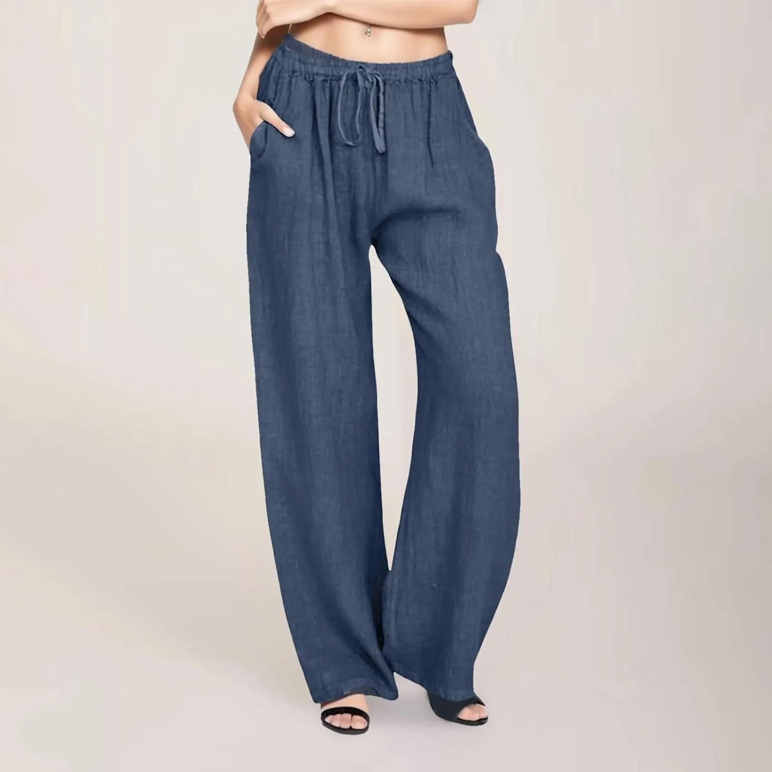Wide Leg Linen Pants Women 2025 Summer Casual Beach Vacation Pants Lightweight Plus Size Lounge Trousers with Pockets