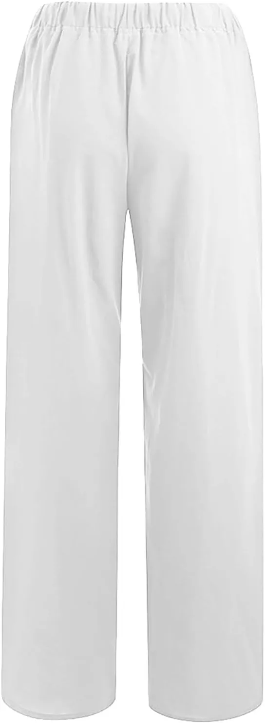 Wide Leg Linen Pants Women Casual Summer Elastic Waist Loose Palazzo Trousers Flowy Beach Lounge Pants with Pockets