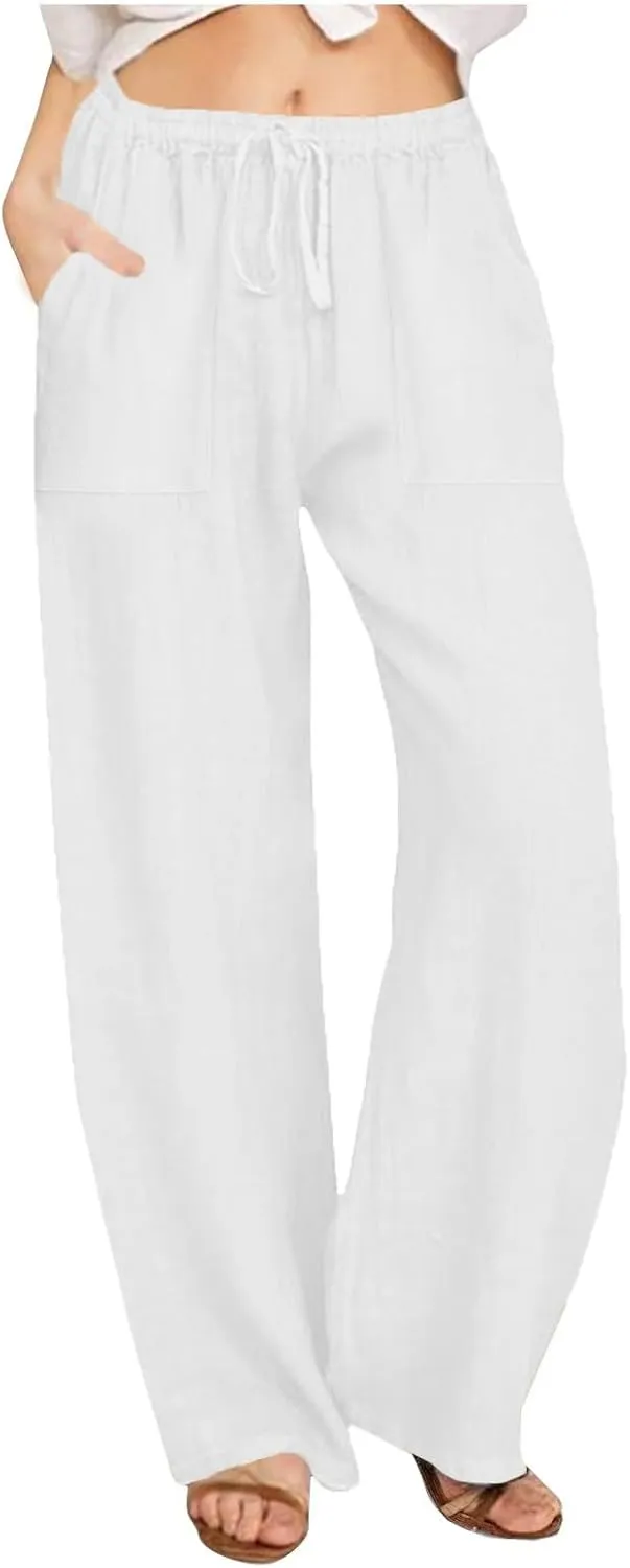 Wide Leg Linen Pants Women Casual Summer Elastic Waist Loose Palazzo Trousers Flowy Beach Lounge Pants with Pockets