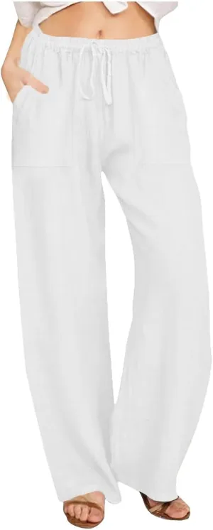Wide Leg Linen Pants Women Casual Summer Elastic Waist Loose Palazzo Trousers Flowy Beach Lounge Pants with Pockets