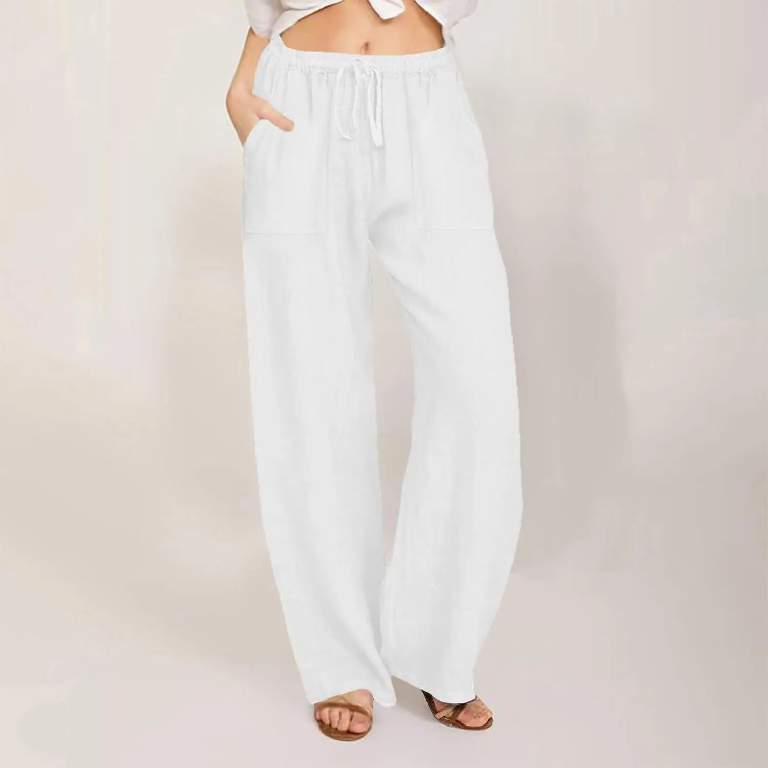 Wide Leg Linen Pants Women Casual Summer Elastic Waist Loose Palazzo Trousers Flowy Beach Lounge Pants with Pockets