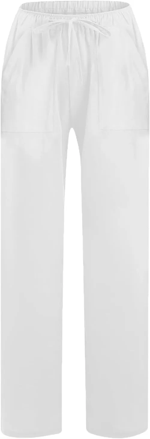 Wide Leg Linen Pants Women Casual Summer Elastic Waist Loose Palazzo Trousers Flowy Beach Lounge Pants with Pockets