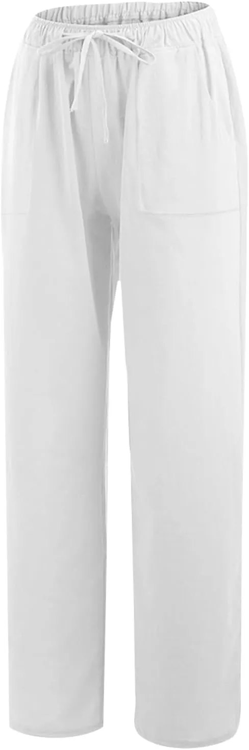Wide Leg Linen Pants Women Casual Summer Elastic Waist Loose Palazzo Trousers Flowy Beach Lounge Pants with Pockets