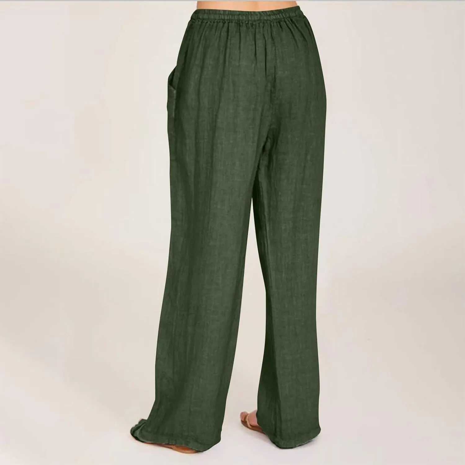 Wide Leg Linen Pants Women Summer Elastic High Waisted Lounge Pants Beach Trouser with Pockets Casual Slacks Clothes