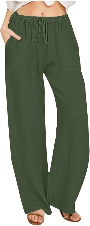 Wide Leg Linen Pants Women Summer Elastic High Waisted Lounge Pants Beach Trouser with Pockets Casual Slacks Clothes