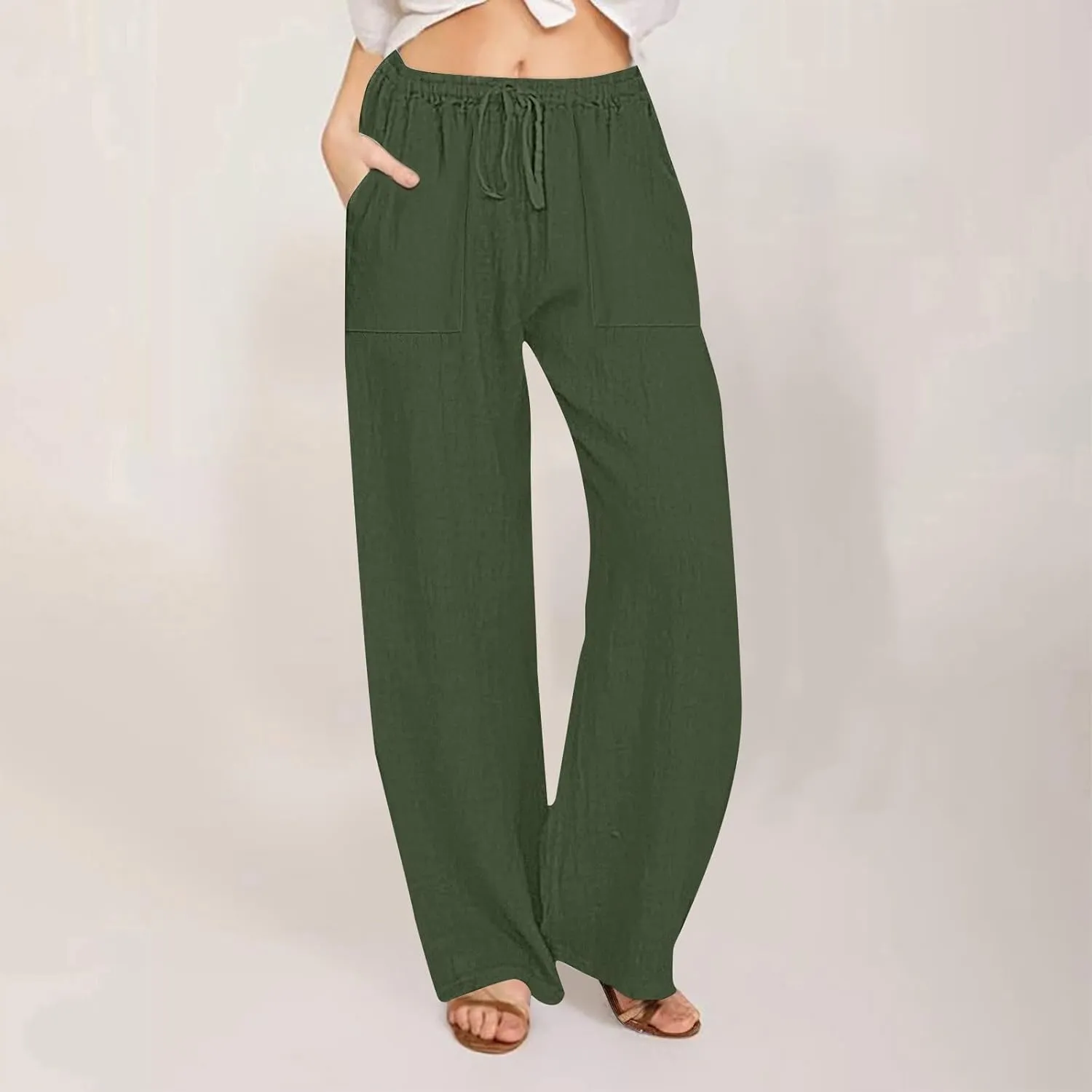 Wide Leg Linen Pants Women Summer Elastic High Waisted Lounge Pants Beach Trouser with Pockets Casual Slacks Clothes