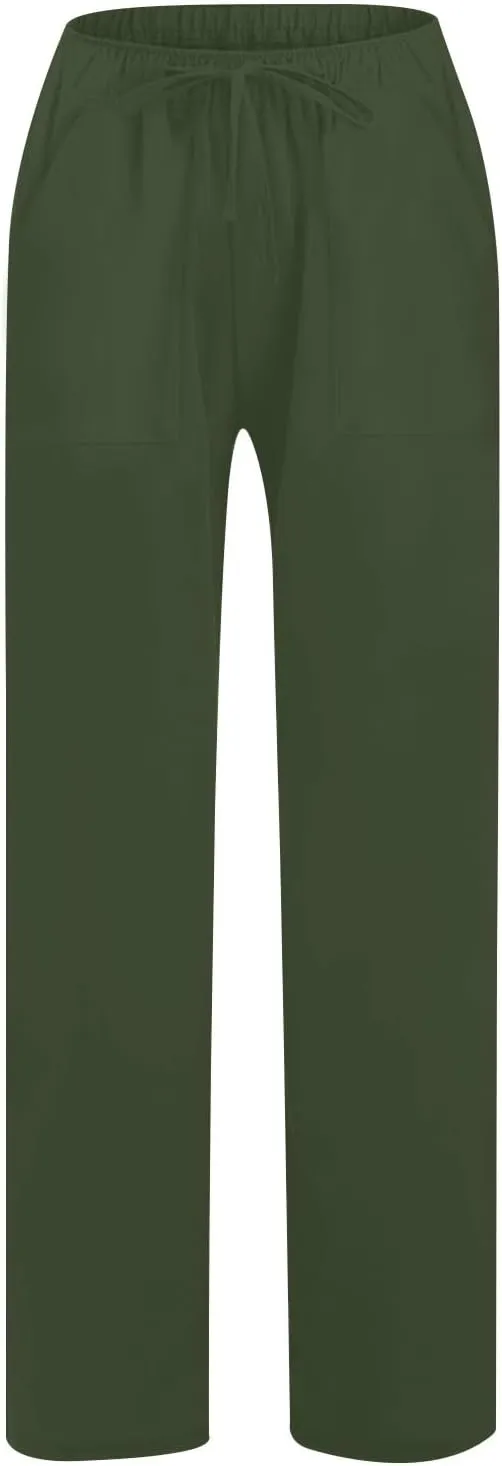 Wide Leg Linen Pants Women Summer Elastic High Waisted Lounge Pants Beach Trouser with Pockets Casual Slacks Clothes