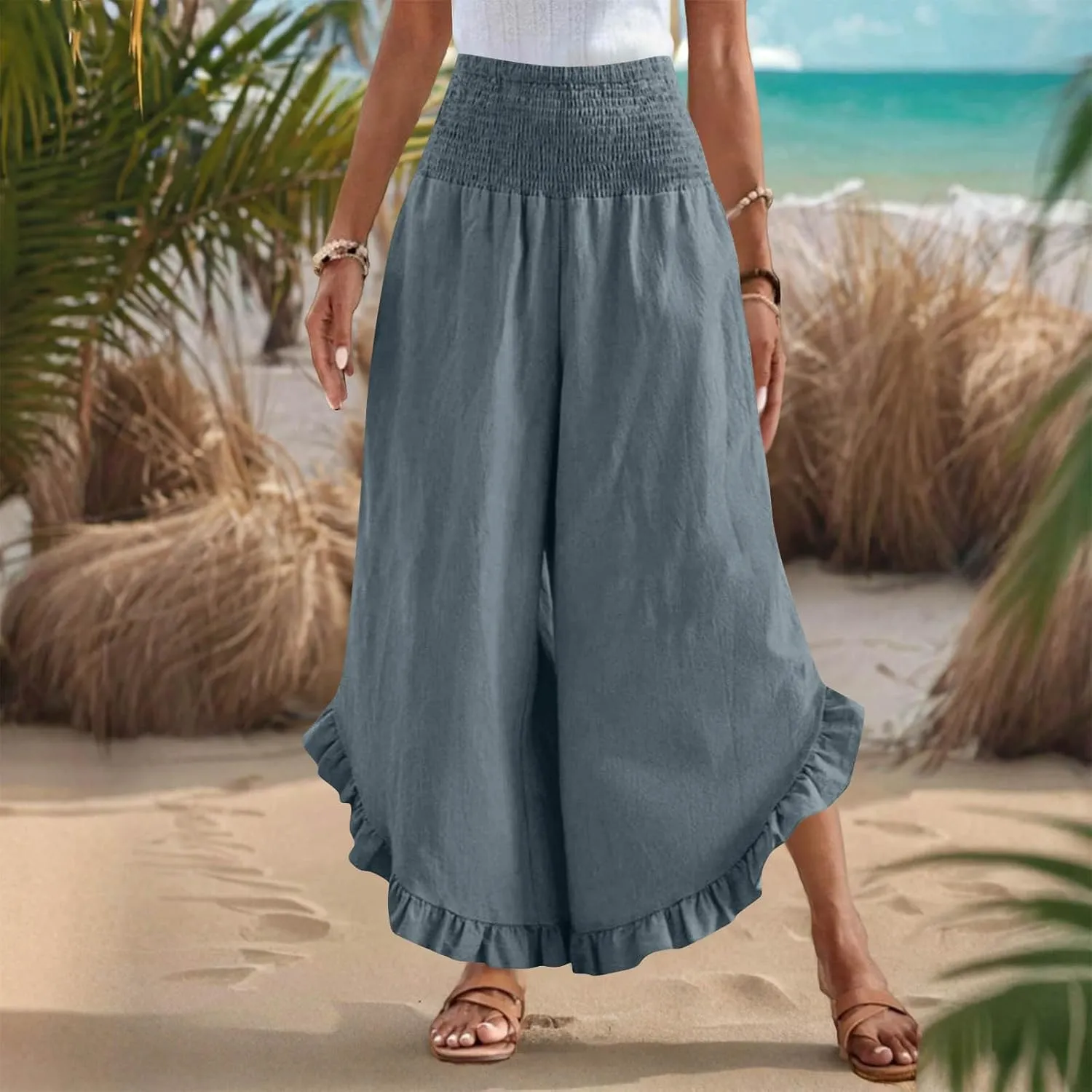 Wide Leg Pants for Women 2025 Summer Lounge Palazzo Pants High Waisted Ruffle Hem Boho Beach Flowy Trousers Pockets