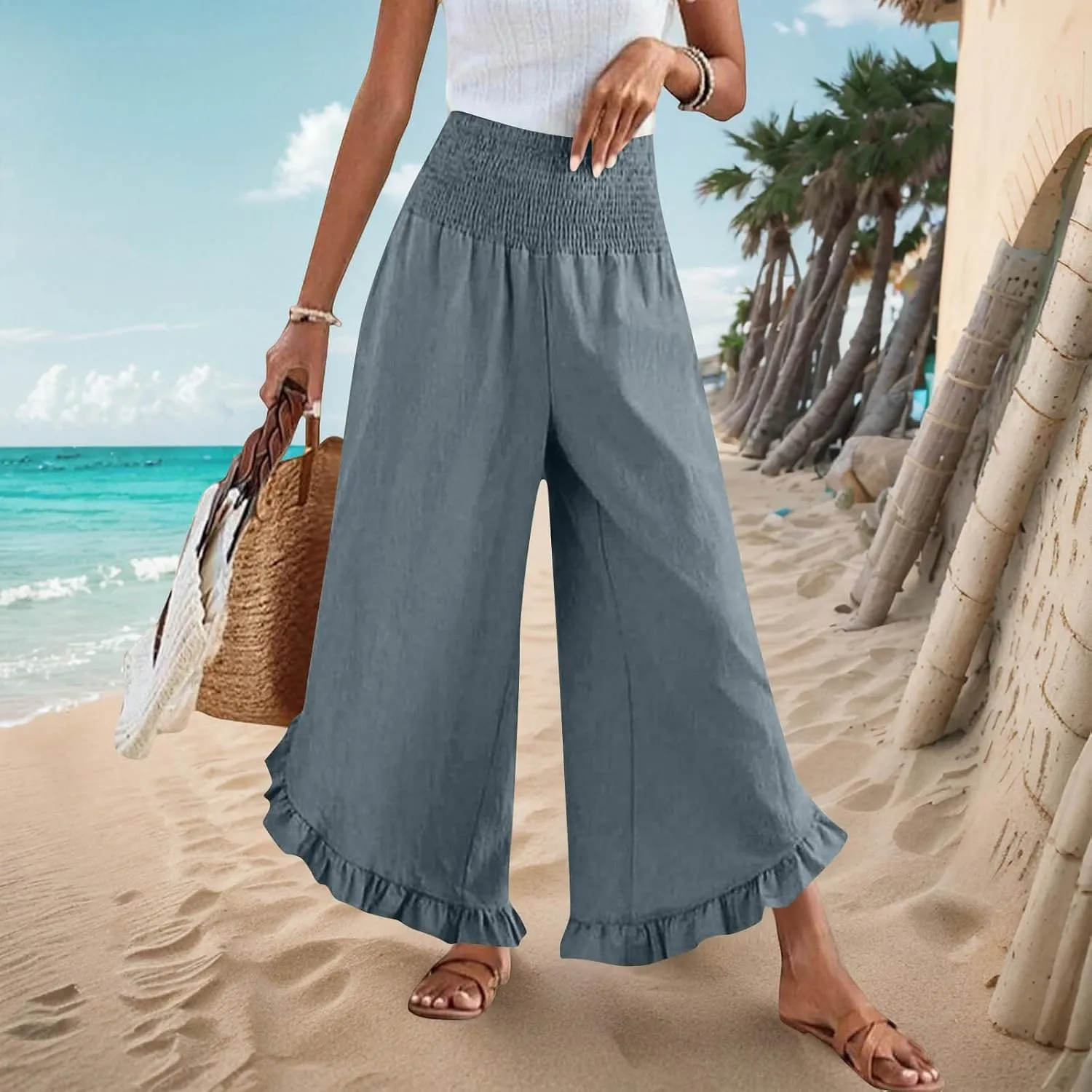 Wide Leg Pants for Women 2025 Summer Lounge Palazzo Pants High Waisted Ruffle Hem Boho Beach Flowy Trousers Pockets