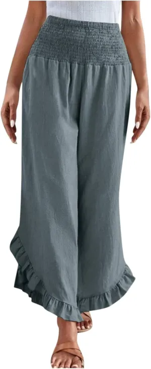 Wide Leg Pants for Women 2025 Summer Lounge Palazzo Pants High Waisted Ruffle Hem Boho Beach Flowy Trousers Pockets