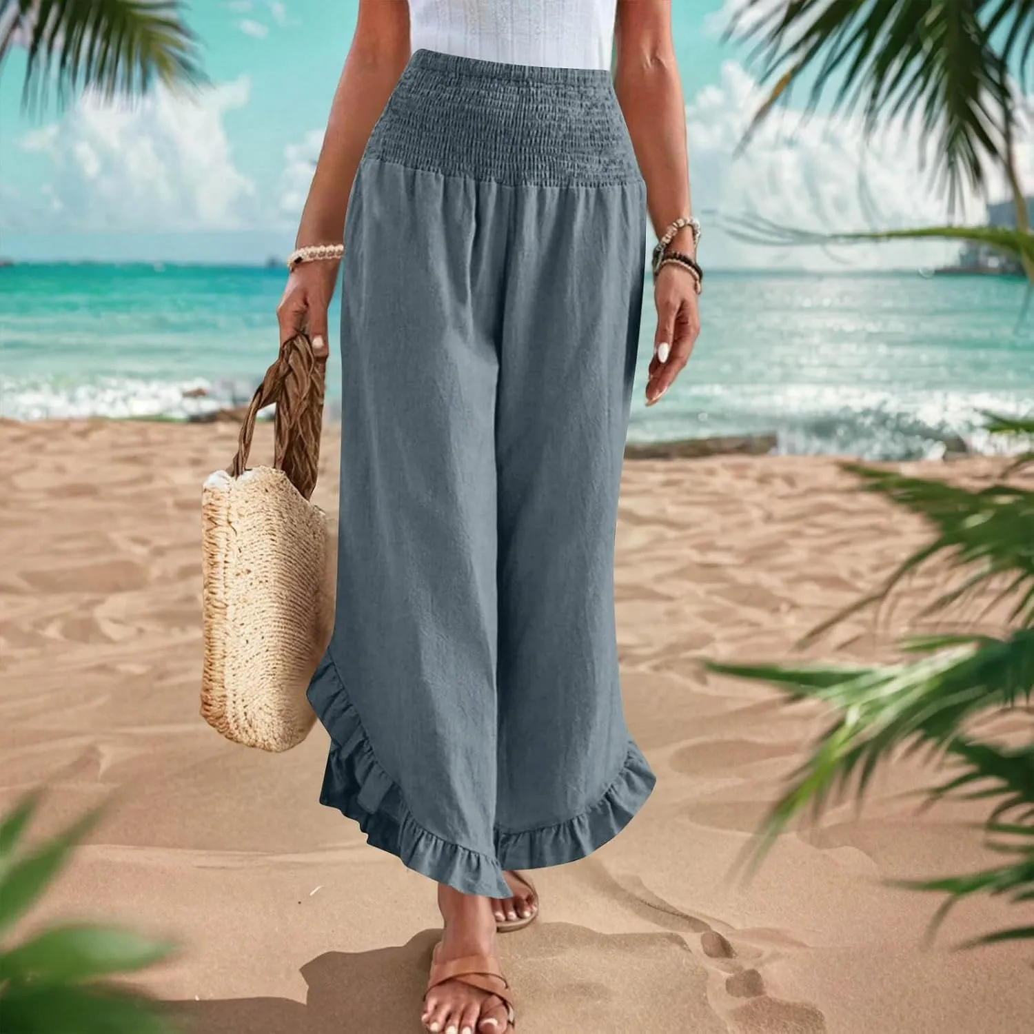 Wide Leg Pants for Women 2025 Summer Lounge Palazzo Pants High Waisted Ruffle Hem Boho Beach Flowy Trousers Pockets