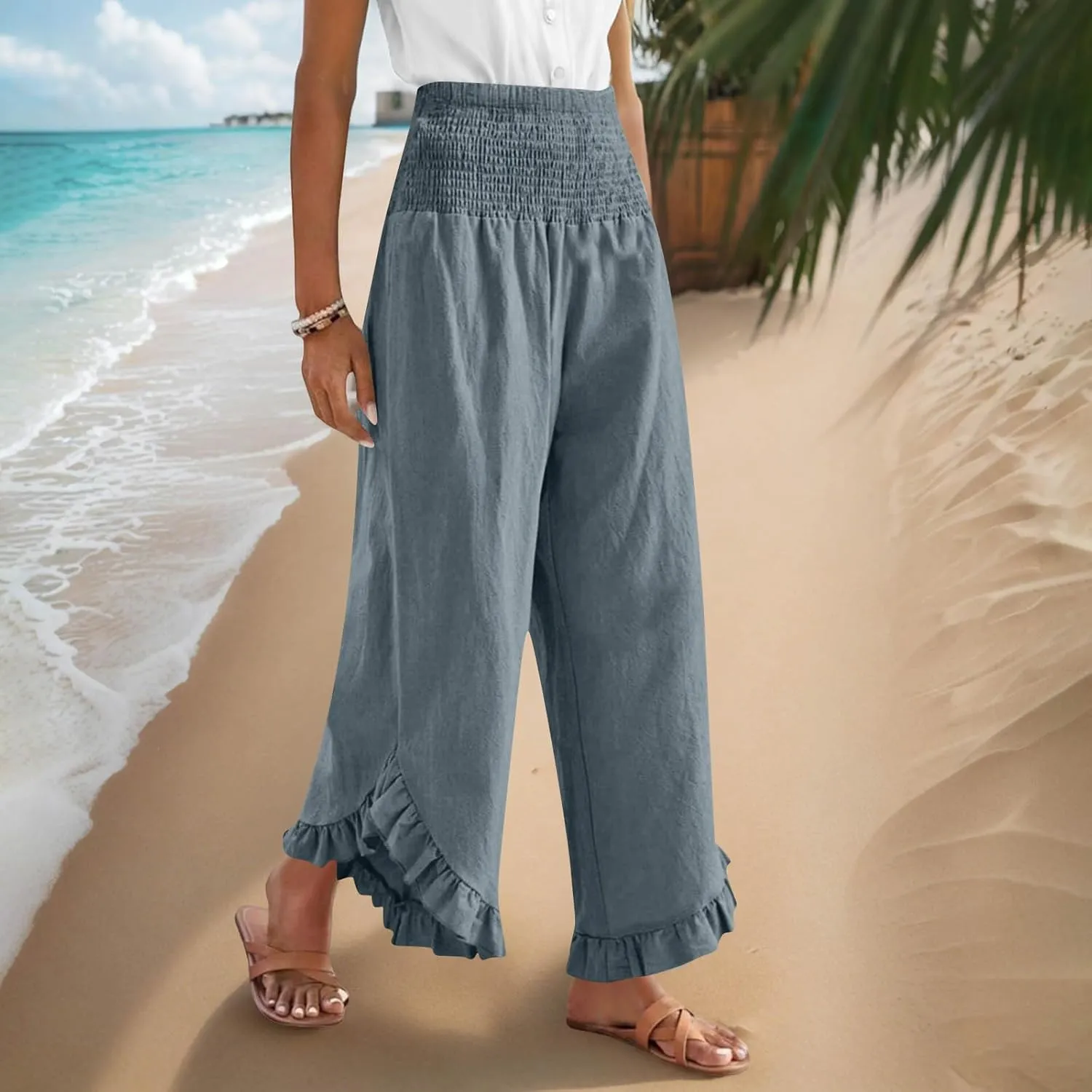 Wide Leg Pants for Women 2025 Summer Lounge Palazzo Pants High Waisted Ruffle Hem Boho Beach Flowy Trousers Pockets