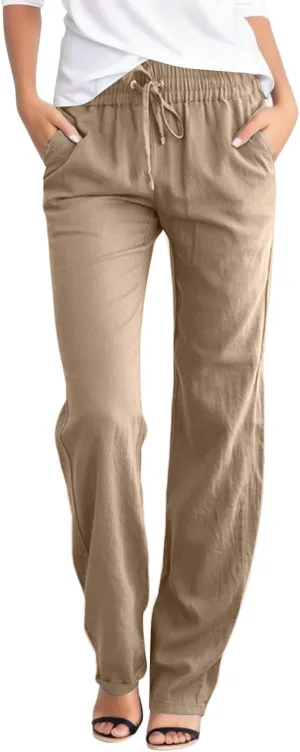 Wide Leg Pants for Women Cotton Linen Business Casual Long Trousers Summer Drawstring Elastic High Waist Linen Pants