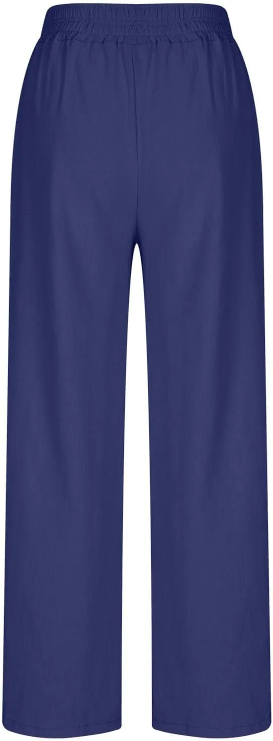 Wide Leg Pants Woman Comfy Casual Stretchy Solid Color Trousers Linen Pocketed Palazzo Pant 2025 Work Office Outfits