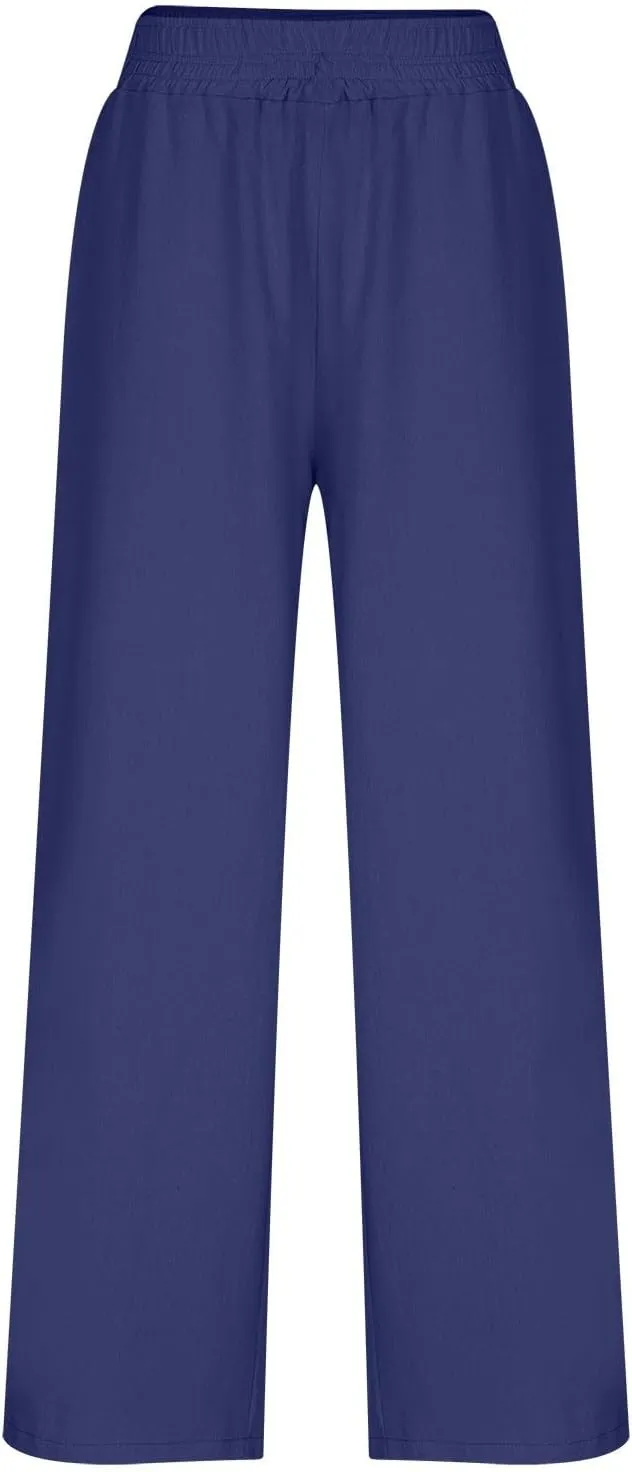 Wide Leg Pants Woman Comfy Casual Stretchy Solid Color Trousers Linen Pocketed Palazzo Pant 2025 Work Office Outfits
