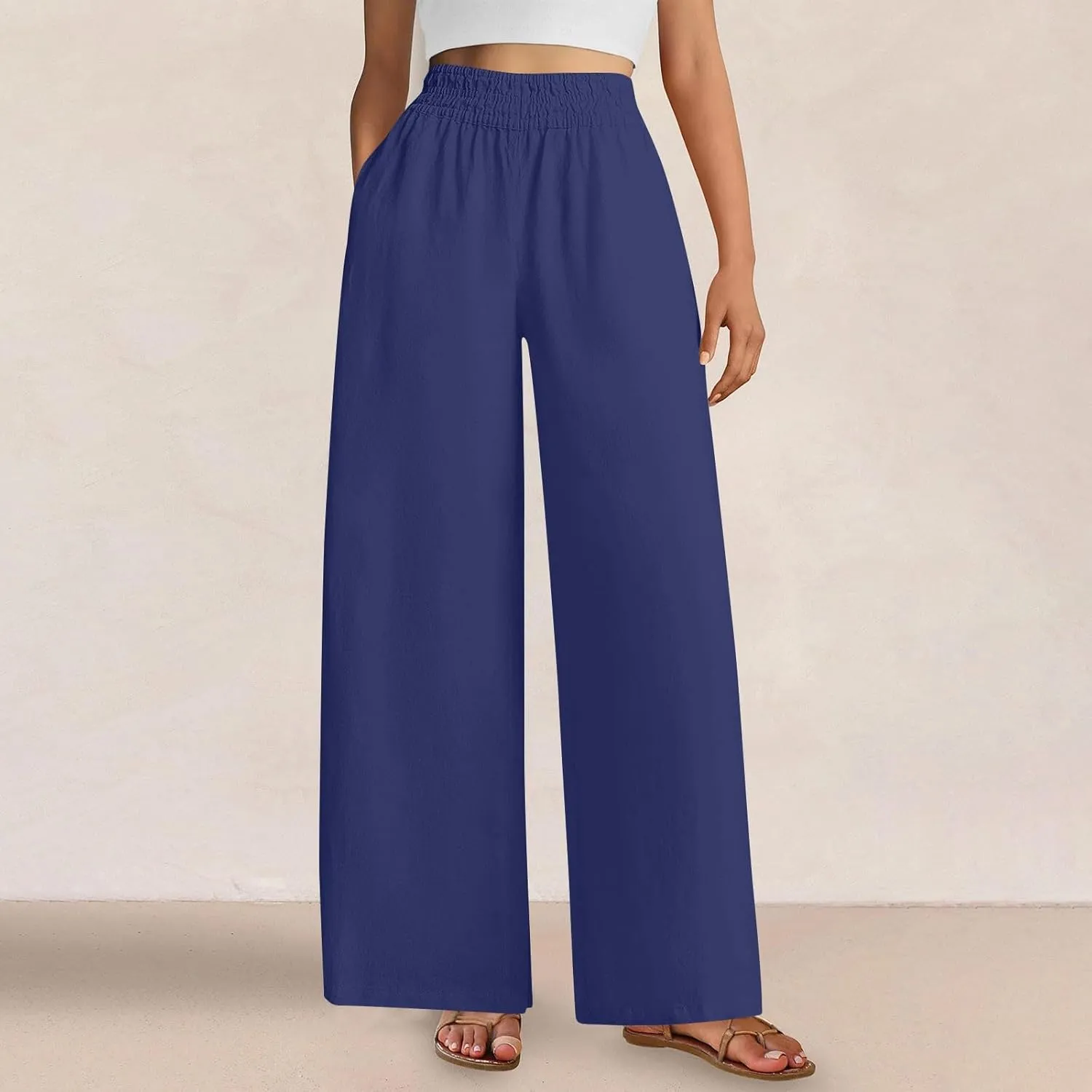 Wide Leg Pants Woman Comfy Casual Stretchy Solid Color Trousers Linen Pocketed Palazzo Pant 2025 Work Office Outfits