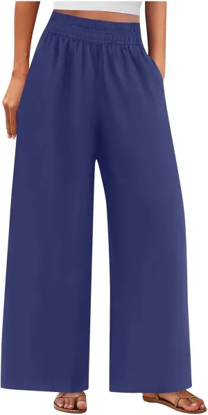 Wide Leg Pants Woman Comfy Casual Stretchy Solid Color Trousers Linen Pocketed Palazzo Pant 2025 Work Office Outfits