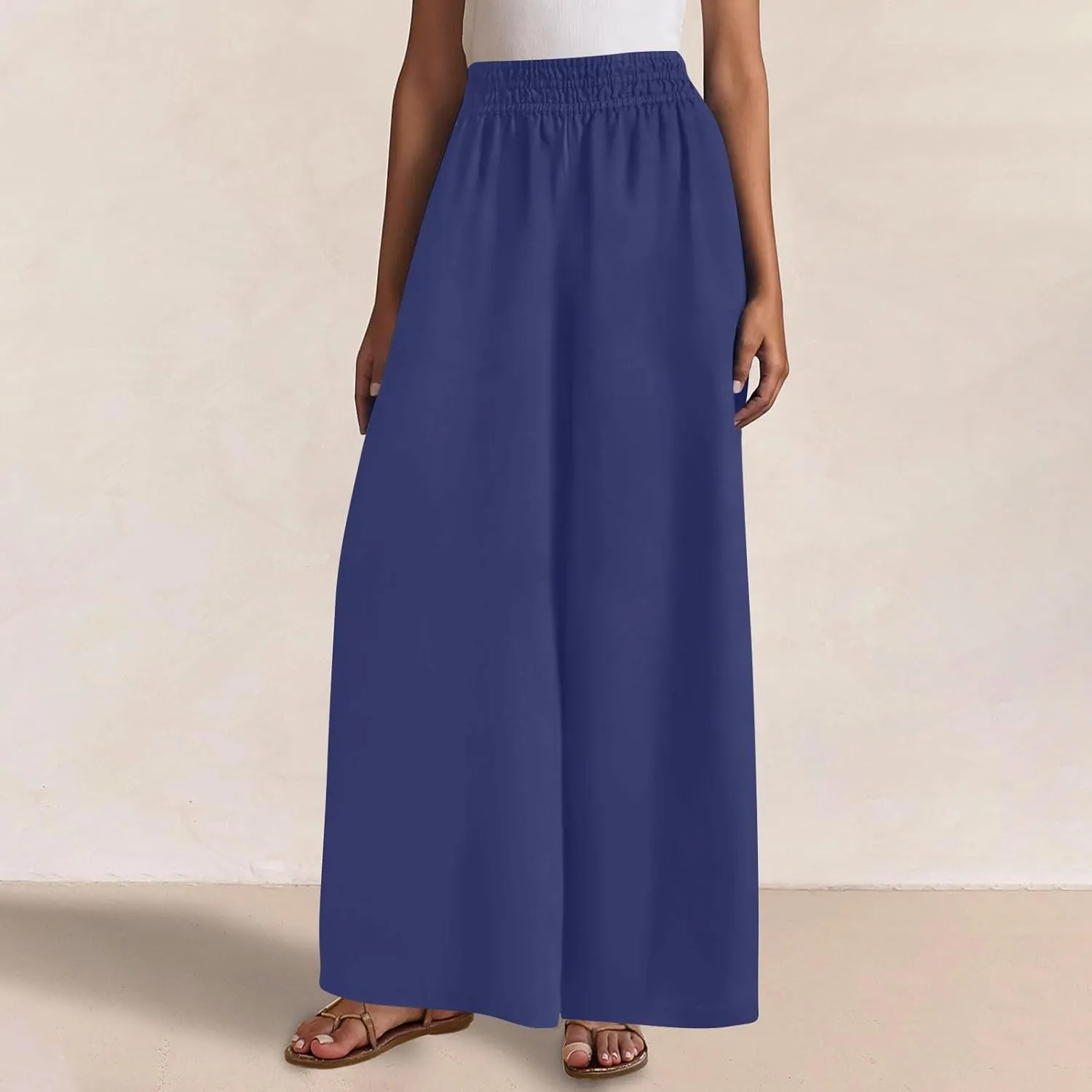 Wide Leg Pants Woman Comfy Casual Stretchy Solid Color Trousers Linen Pocketed Palazzo Pant 2025 Work Office Outfits