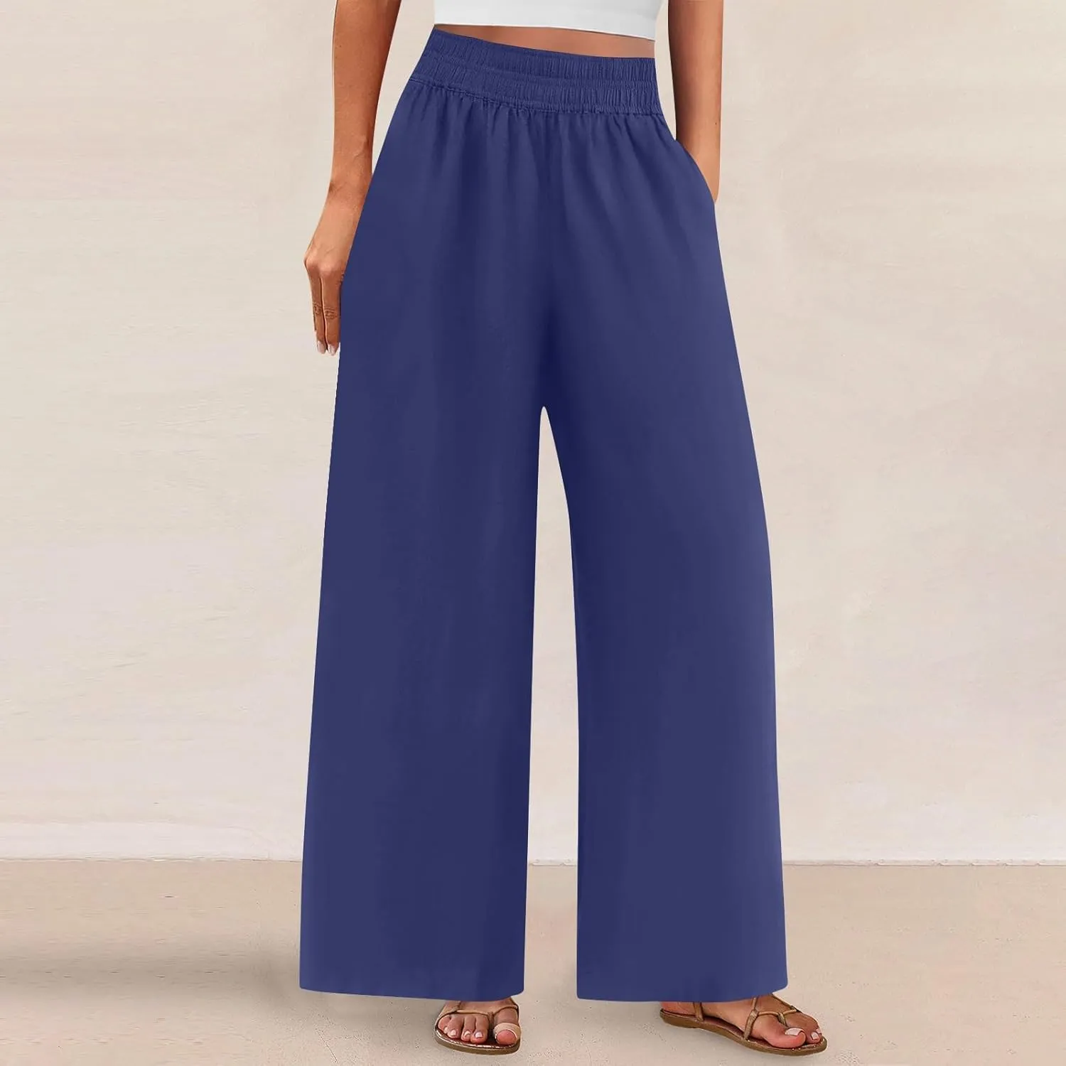 Wide Leg Pants Woman Comfy Casual Stretchy Solid Color Trousers Linen Pocketed Palazzo Pant 2025 Work Office Outfits