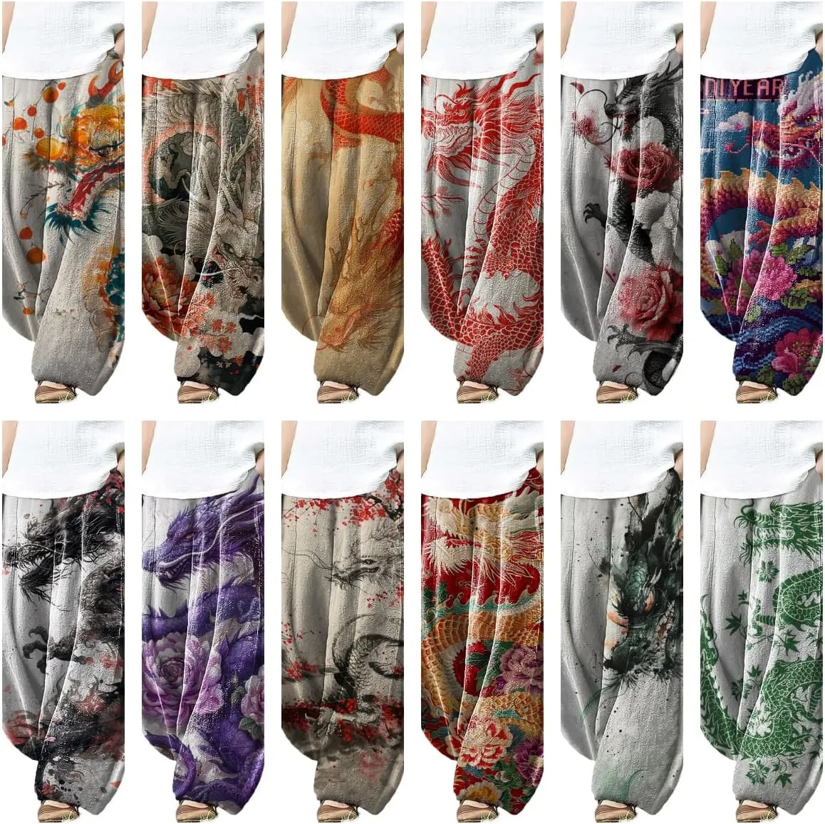 Wide Leg Pants Woman Japanese Art Dragon Print Yoga Boho Fall Casual High Waisted Plus Size Lounge Loose Pants