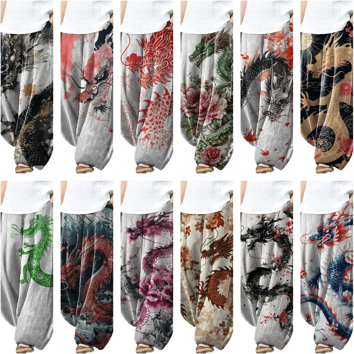 Wide Leg Pants Woman Japanese Art Dragon Print Yoga Boho Fall Casual High Waisted Plus Size Lounge Loose Pants