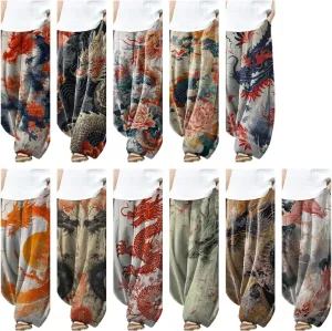 Wide Leg Pants Woman Japanese Art Dragon Print Yoga Boho Fall Casual High Waisted Plus Size Lounge Loose Pants