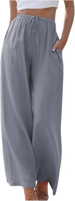 Wide Leg Summer Pants for Women Drawstring Elastic Waist Linen Trousers Lightweight Beach Palazzo Outfit with Pockets
