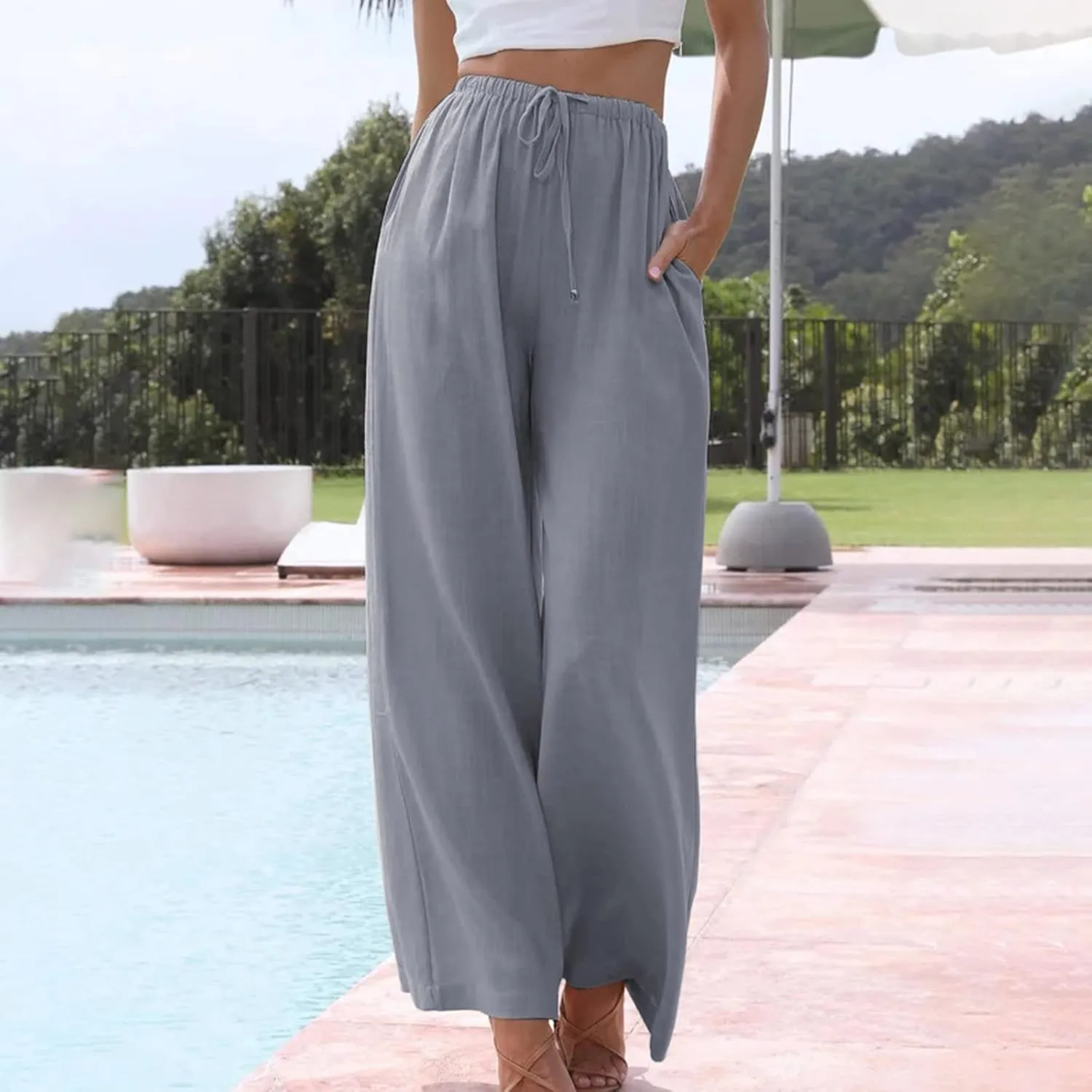 Wide Leg Summer Pants for Women Drawstring Elastic Waist Linen Trousers Lightweight Beach Palazzo Outfit with Pockets