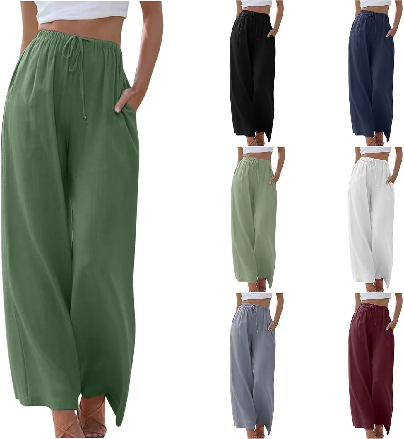 Wide Leg Summer Pants for Women Drawstring Elastic Waist Linen Trousers Lightweight Beach Palazzo Outfit with Pockets