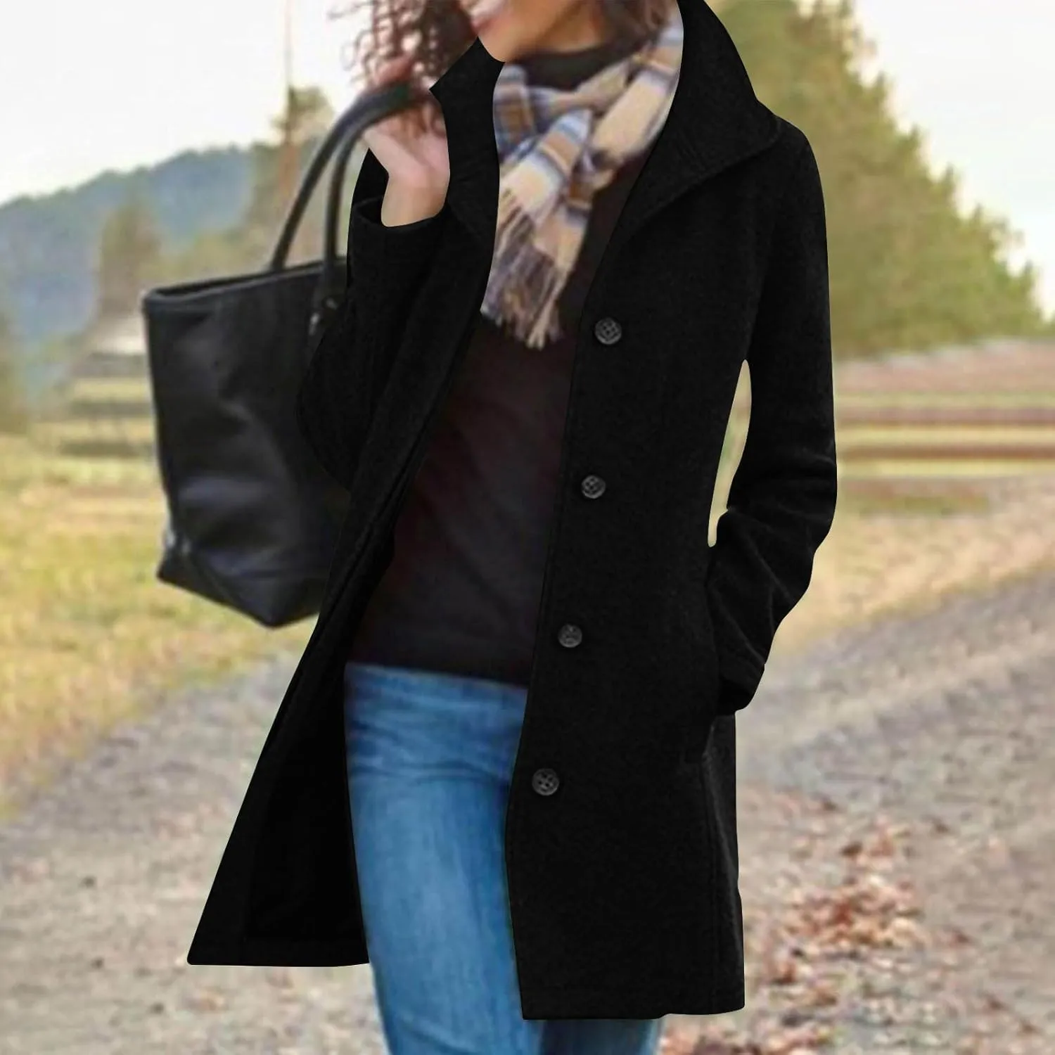 Winter Coats for Women Single Breasted Trench Coat Winter Wool Blend Pea Coat Vintage Stand Collar Casual Trench Coat