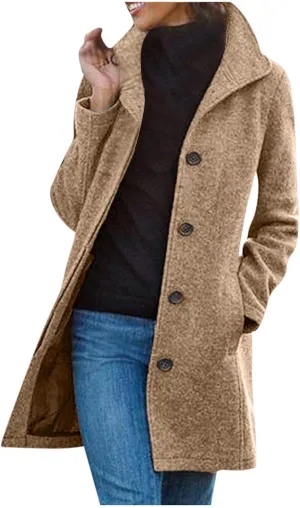 Winter Coats for Women Single Breasted Trench Coat Winter Wool Blend Pea Coat Vintage Stand Collar Casual Trench Coat