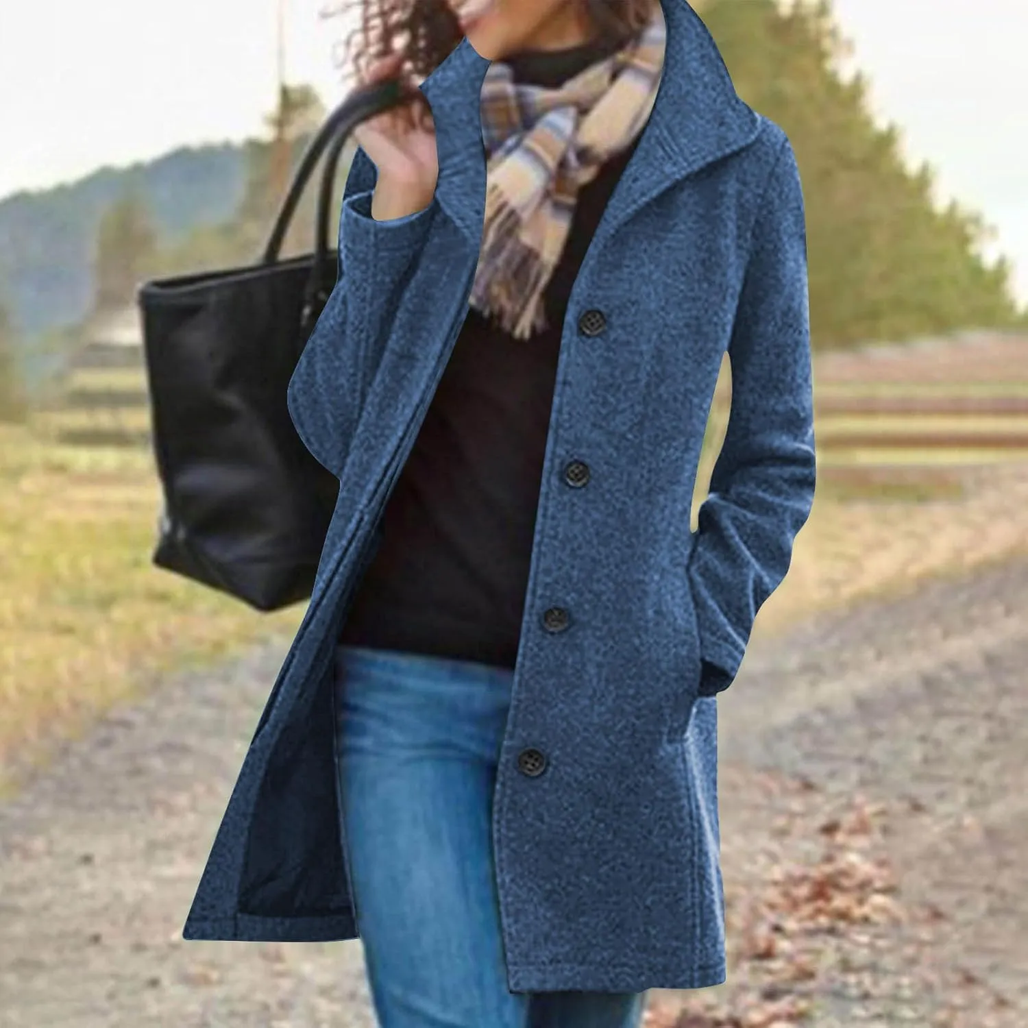 Winter Coats for Women Single Breasted Trench Coat Winter Wool Blend Pea Coat Vintage Stand Collar Casual Trench Coat